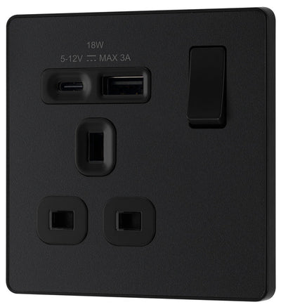 BG PCDMB21UAC18B Evolve | Matt Black - Black Insert |1 Gang 13A Single Pole 1x USB-A 1x USB-C Switched Socket by British General (BG-PCDMB21UAC18B)