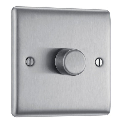 BG Nexus Brushed Steel 200W 2 Way Trailing Edge Single Dimmer Switch NBS81 with 35mm Steel Back Box