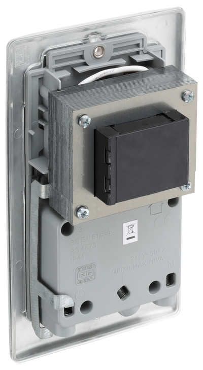 BG NBS20G Metal Brushed Steel 115-230V Dual Voltage Shaver Socket - Grey Insert