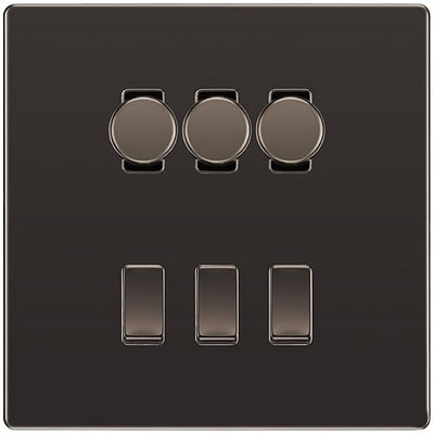 BG Screwless Black Nickel 6 Gang Switch 3x Trailing Edge LED Dimmer 3x Intermediate Custom Grid Switch by British General (BG-SCRL-BN-6G-CUSTOM-3x-Dimmer-3x-INT)