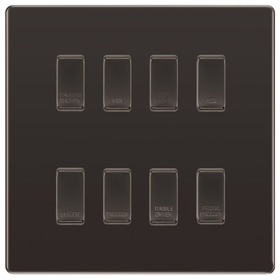 BG Screwless Black Nickel 8 Gang Engraved Custom Labelled Appliance Grid Switch by British General (Nexus-BN-Screwless-8G)