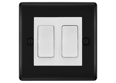 BG Nexus Matt Black 2-Gang Light Switch 1x 2-Way + 1x Intermediate – White Inserts