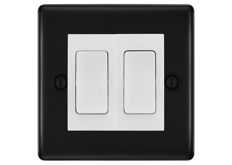 BG Nexus Matt Black 2-Gang Light Switch 1x 2-Way + 1x Intermediate – White Inserts
