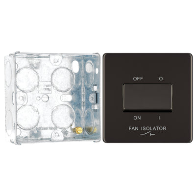 BG Screwless Black Nickel 1 Gang 10A 3 Pole Fan Isolator Switch FBN15 with 35mm Steel Back Box