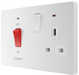 PCDCL70W Side - This Evolve pearlescent white 45A cooker control unit from British General includes a 13A socket for an additional appliance outlet, and has flush LED indicators above the socket and switch.