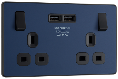 PCDDB22U3B Front - This Evolve Matt Blue 13A double power socket from British General comes with two USB charging ports, allowing you to plug in an electrical device and charge mobile devices simultaneously without having to sacrifice a power socket. 