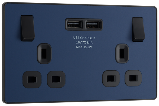 PCDDB22U3B Front - This Evolve Matt Blue 13A double power socket from British General comes with two USB charging ports, allowing you to plug in an electrical device and charge mobile devices simultaneously without having to sacrifice a power socket. 