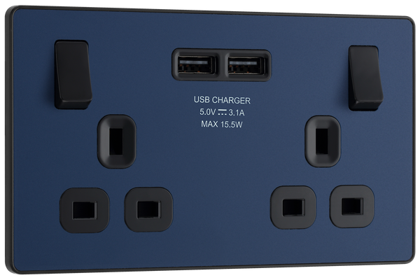 PCDDB22U3B Front - This Evolve Matt Blue 13A double power socket from British General comes with two USB charging ports, allowing you to plug in an electrical device and charge mobile devices simultaneously without having to sacrifice a power socket. 