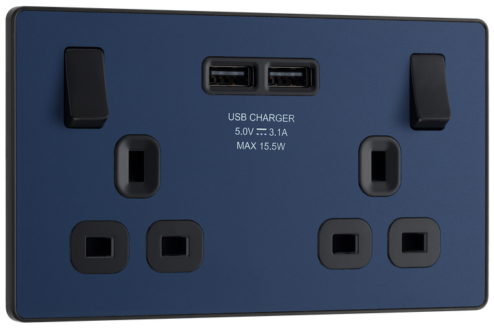 PCDDB22U3B Front - This Evolve Matt Blue 13A double power socket from British General comes with two USB charging ports, allowing you to plug in an electrical device and charge mobile devices simultaneously without having to sacrifice a power socket. 