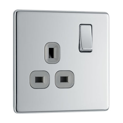 BG Screwless Polished Chrome 13A Single Switched Socket FPC21G with 25mm Steel Back Box