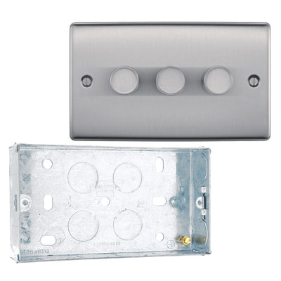 BG Nexus Brushed Steel 2 Way Trailing Edge Triple Dimmer Switch NBS83 with 25mm Steel Back Box by British General (BG-NBS83+HGS04)
