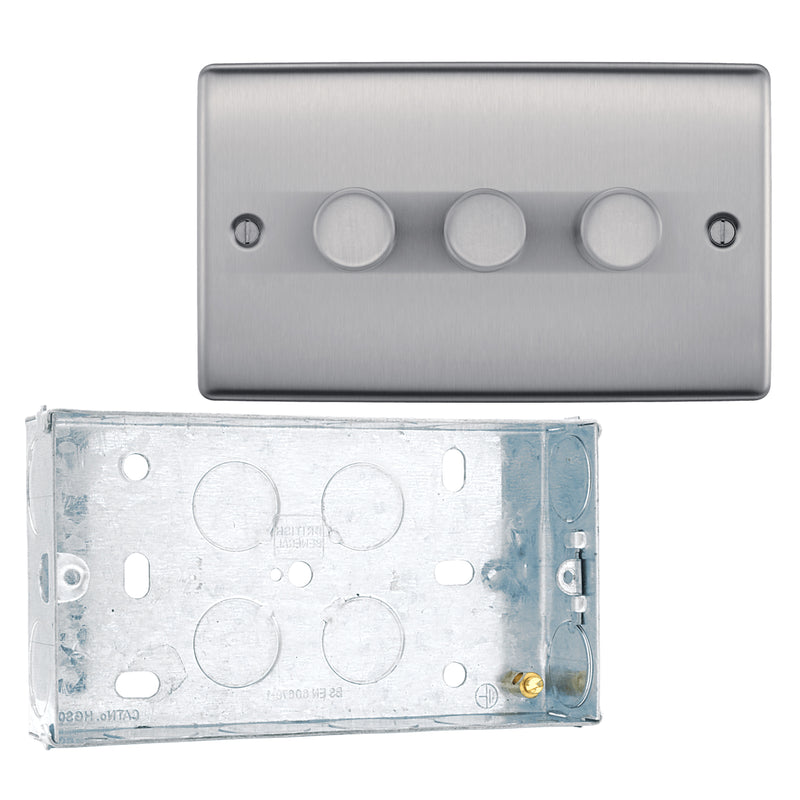BG Nexus Brushed Steel 2 Way Trailing Edge Triple Dimmer Switch NBS83 with 25mm Steel Back Box