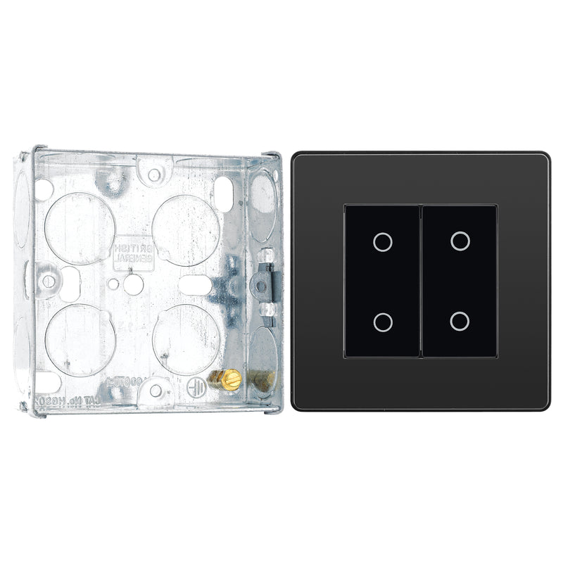 BG Evolve Black Chrome Double Secondary Touch Dimmer Switch PCDBCTDS2B with 25mm Steel Back Box