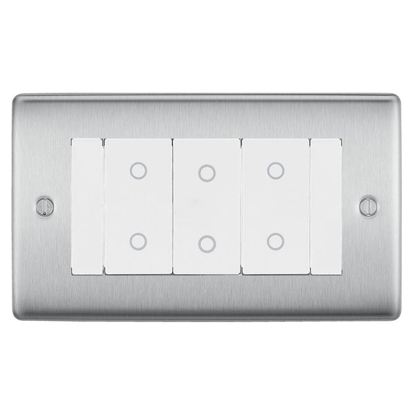 BG Nexus Brushed Steel Triple Secondary Touch Dimmer Switch White Inserts NBSTDS3W