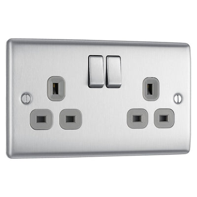 Brushed Steel 2 Gang 13A Switched Double Socket & Surface Pattress Back Box