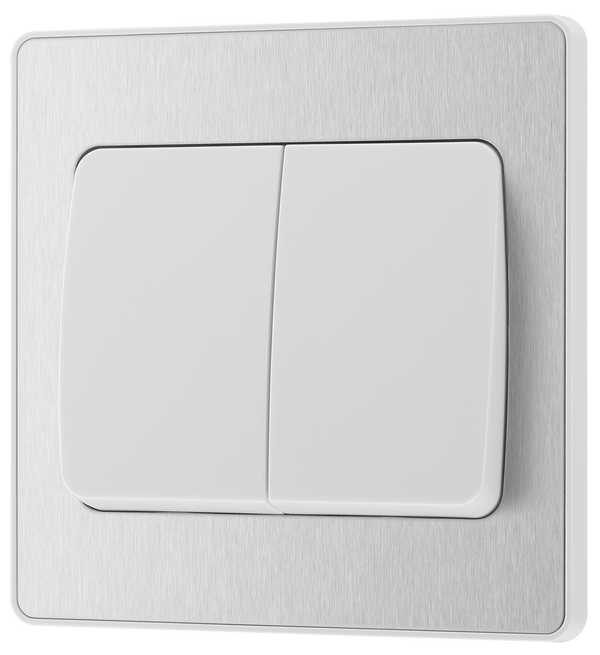 PCDBS42WW Front - This Evolve Brushed Steel 20A 16AX double light switch from British General can operate 2 different lights, whilst the 2 way switching allows a second switch to be added to the circuit to operate the same light from another location (e.g. at the top and bottom of the stairs).