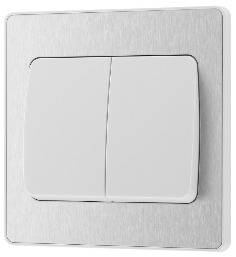 BG PCDBS42WW Brushed Steel Evolve 2 Gang 20A 16AX 2 Way Wide Rocker Light Switch - White Insert