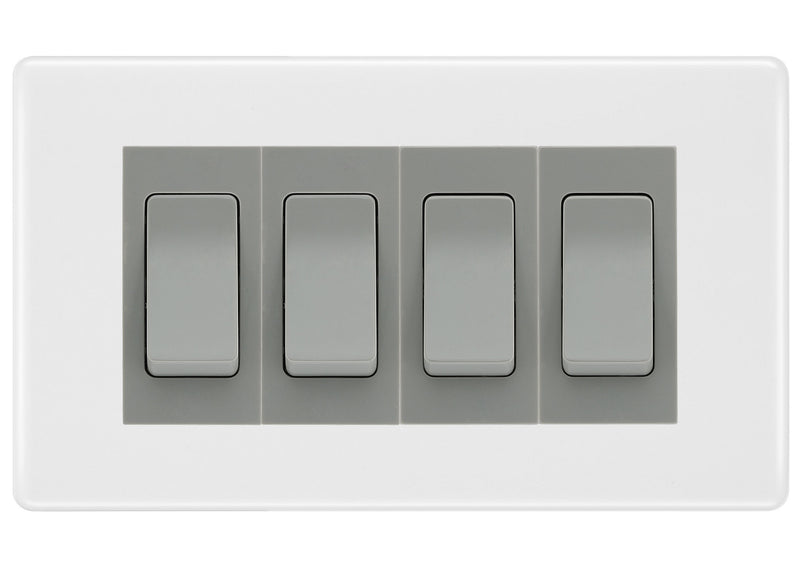 BG White Moulded 4-Gang Light Switch 2x 2-Way + 2x Intermediate – Grey Inserts