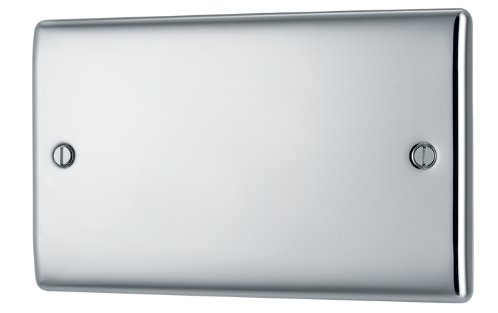 NPC95 Front - This premium polished chrome finish double blank plate from British General is ideal for covering unused electrical connections and has a sleek and slim profile, with softly rounded edges to add a touch of luxury to your decor.