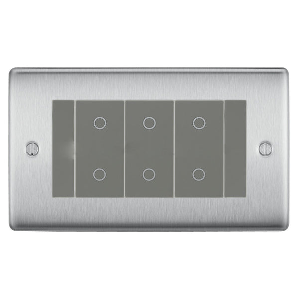 BG Nexus Brushed Steel Triple Secondary Touch Dimmer Switch Grey Inserts NBSTDS3G