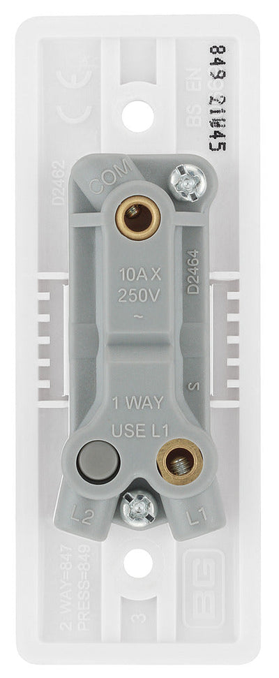 BG 849 White Round Edge 10A Single Architrave Switch marked PRESS 1 Way