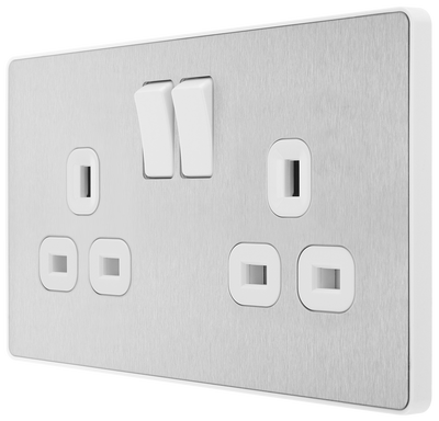 PCDBS22W Side - This Evolve Brushed Steel 13A double switched socket from British General has been designed with angled in line colour coded terminals and backed out captive screws for ease of installation, and fits a 25mm back box making it an ideal retro-fit replacement for existing sockets.