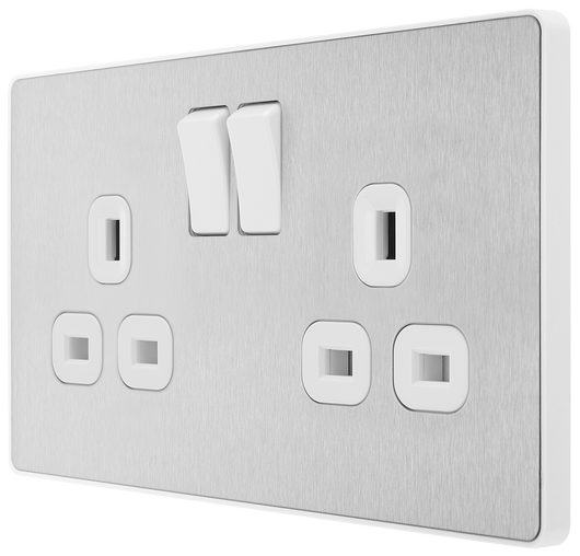 PCDBS22W Side - This Evolve Brushed Steel 13A double switched socket from British General has been designed with angled in line colour coded terminals and backed out captive screws for ease of installation, and fits a 25mm back box making it an ideal retro-fit replacement for existing sockets.