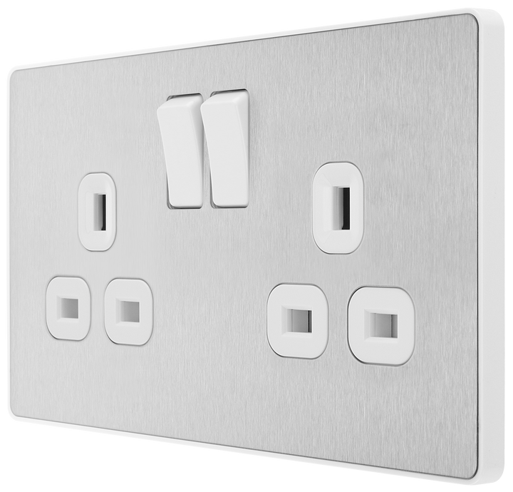 PCDBS22W Side - This Evolve Brushed Steel 13A double switched socket from British General has been designed with angled in line colour coded terminals and backed out captive screws for ease of installation, and fits a 25mm back box making it an ideal retro-fit replacement for existing sockets.