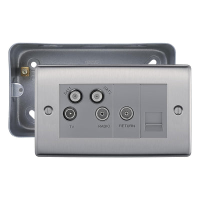 BG Nexus Brushed Steel Quadplex TV FM SAT (x2) Socket with Surface Pattress Back Box by British General (BG-NBS69+MC502)