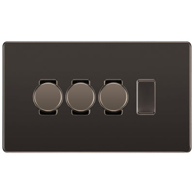 BG Black Nickel Screwless Flat Plate 4 Gang Light Switch 3x Trailing Edge LED Dimmer 1x 2 Way Custom Switch by British General (SCREWLESS-BN-4G-CUSTOM-3xDIMMER-1x-2Way)