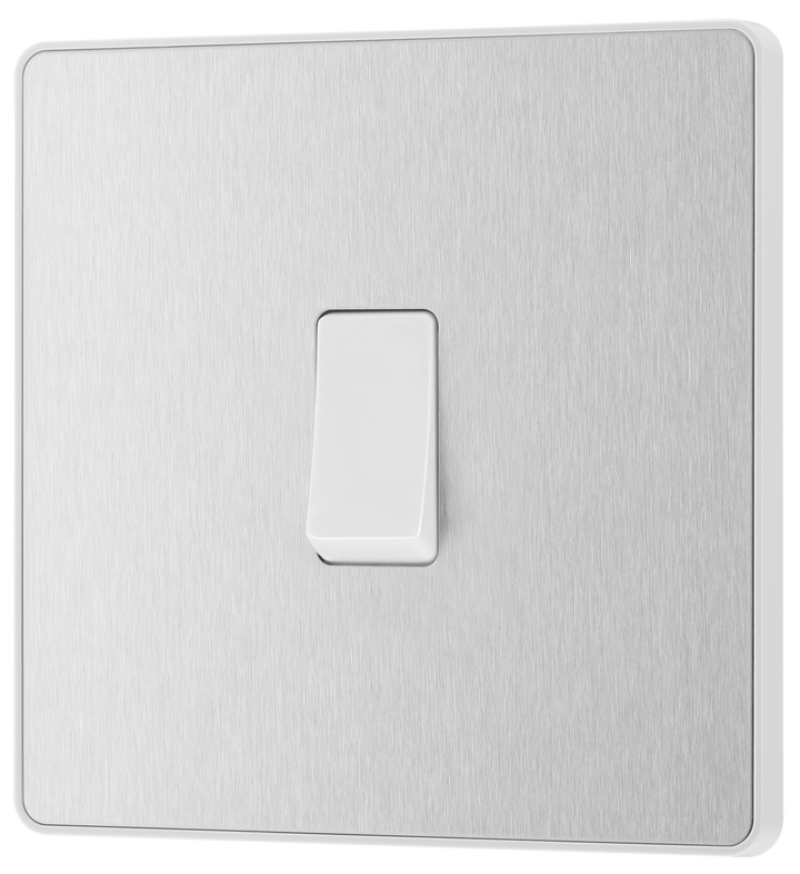 PCDBS13W Front - This Evolve Brushed Steel 20A 16AX intermediate light switch from British General should be used as the middle switch when you need to operate one light from 3 different locations, such as either end of a hallway and at the top of the stairs.