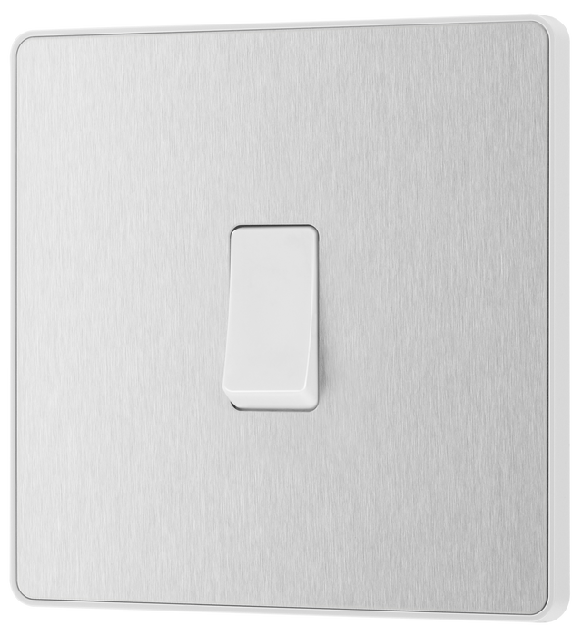 PCDBS13W Front - This Evolve Brushed Steel 20A 16AX intermediate light switch from British General should be used as the middle switch when you need to operate one light from 3 different locations, such as either end of a hallway and at the top of the stairs.