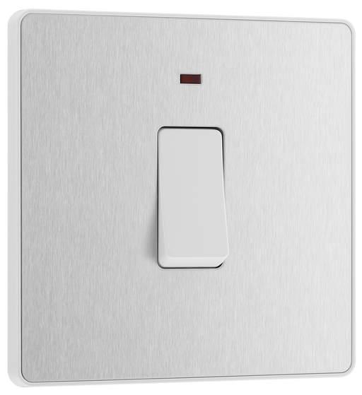 PCDBS31W Front - This Evolve Brushed Steel 20A double pole switch with indicator from British General has been designed for the connection of refrigerators, water heaters, central heating boilers and many other fixed appliances.