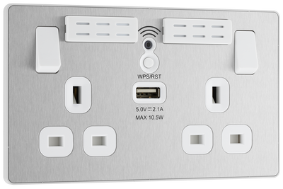 PCDBS22UWRW Front - This Evolve Brushed Steel 13A double power socket with integrated Wi-Fi Extender from British General will eliminate dead spots and expand your Wi-Fi coverage.