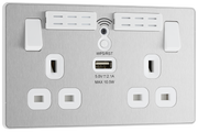 BG PCDBS22UWRW Brushed Steel Evolve 2 Gang 13A 1x USB-A 2.1A Wi-FI Extender Switched Socket Outlet - White Insert by British General (BG-PCDBS22UWRW-Shopify-SA_1)