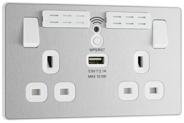 PCDBS22UWRW Front - This Evolve Brushed Steel 13A double power socket with integrated Wi-Fi Extender from British General will eliminate dead spots and expand your Wi-Fi coverage.