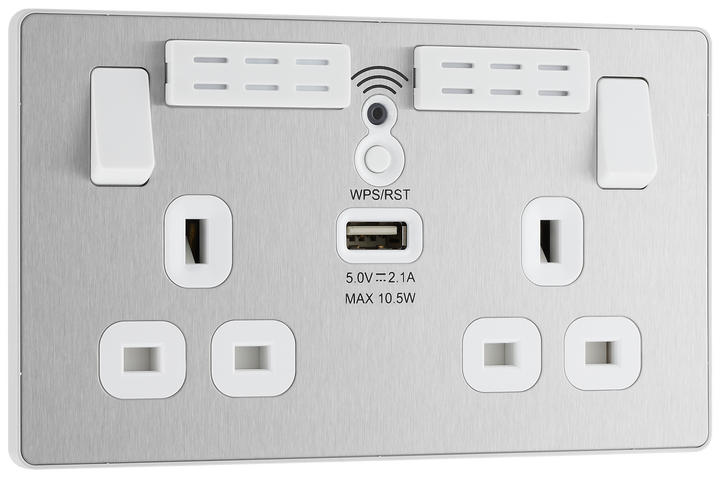 PCDBS22UWRW Front - This Evolve Brushed Steel 13A double power socket with integrated Wi-Fi Extender from British General will eliminate dead spots and expand your Wi-Fi coverage.