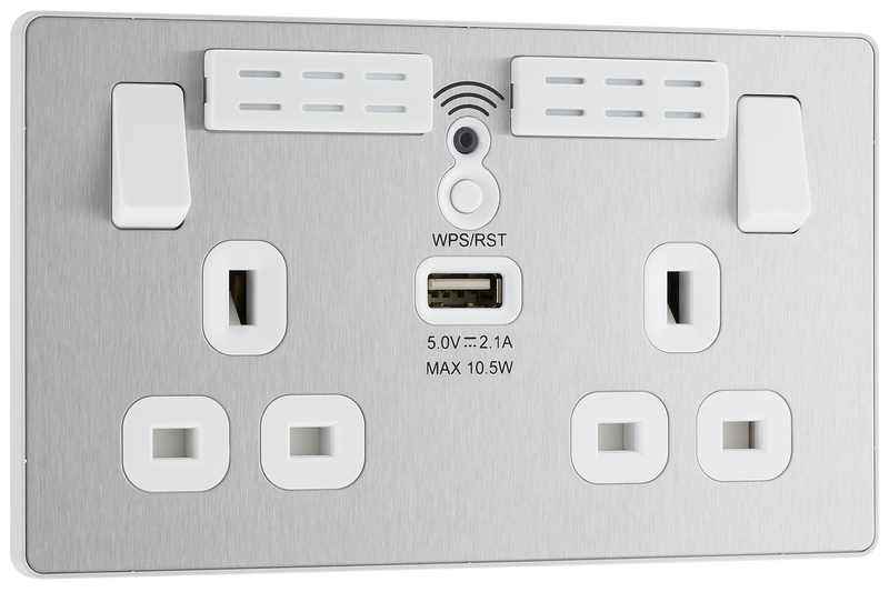 BG PCDBS22UWRW Brushed Steel Evolve 2 Gang 13A 1x USB-A 2.1A Wi-FI Extender Switched Socket Outlet - White Insert