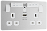 BG PCDBS22UWRW Brushed Steel Evolve 2 Gang 13A 1x USB-A 2.1A Wi-FI Extender Switched Socket Outlet - White Insert by British General (BG-PCDBS22UWRW-Shopify-SA_1)