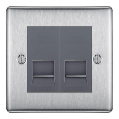 BG Nexus Brushed Steel Double IDC Secondary Telephone Socket - Grey Insert by British General (BG-NBSBTS2G)