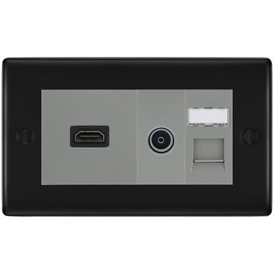 BG Nexus Matt Black Media Wall Plate TV Aerial, HDMI & CAT6 Outlet - Grey Insert by British General