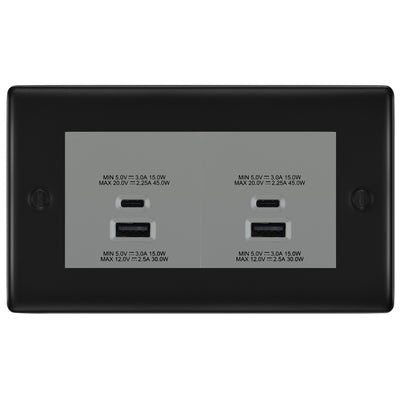 BG Nexus Matt Black 4G Faceplate with 45W USB A+C Charger Modules - Grey Insert by British General (BG-NFBEMR4+EMUSBAC45G)