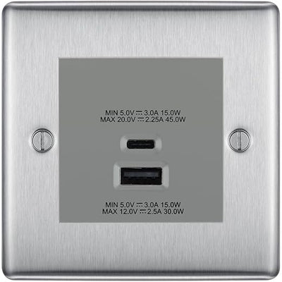 BG Nexus Brushed Steel 45W USB Wall Socket Euro Module USB-A & C - Grey Insert by British General (BG-NBSEMS2+EMUSBAC45G)