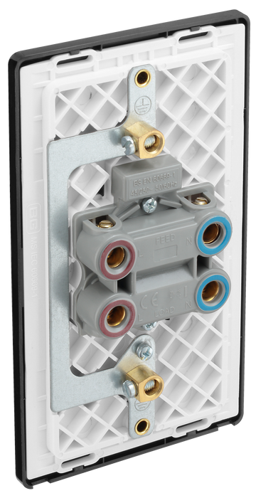 PCDDB72B Back -This Evolve Matt Blue 45A double pole switch with indicator from British General is ideal for use with cookers and has a large mounting plate measuring 146mm high x 86mm wide. This switch has a low profile screwless flat plate that clips on and off, making it ideal for modern interiors.