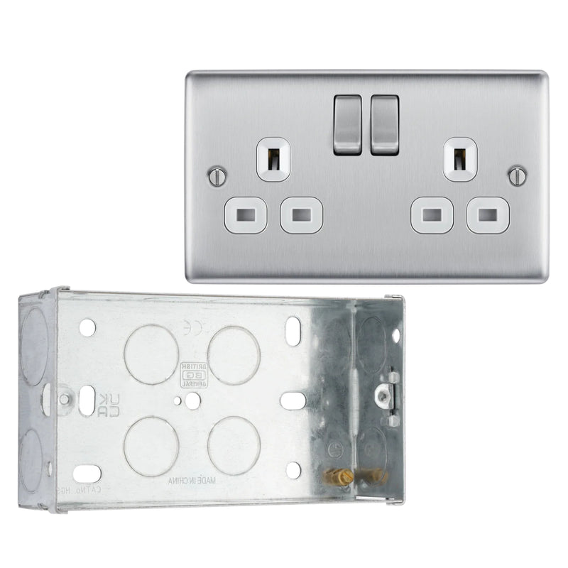 BG Nexus Metal Brushed Steel 13A Double Socket NBS22W with 35mm Steel Back Box