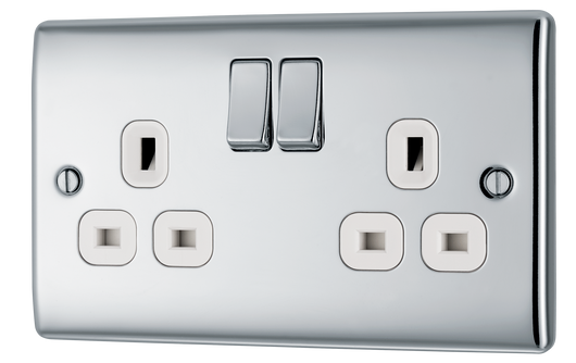 NPC22W Front - This polished chrome finish 13A double switched socket from British General has a sleek and slim profile, with softly rounded edges and no visible plastic around the switch to add a touch of luxury to your decor.