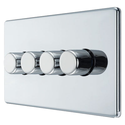BG Screwless Polished Chrome 200W 2 Way Quadruple Trailing Edge Dimmer Switch FPC84 with 35mm Steel Back Box