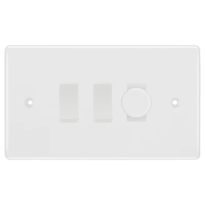 BG Nexus White Moulded 3 Gang Switch 1x Trailing Edge LED Dimmer 2x Intermediate Custom Grid Switch by British General (BG-Nexus-WM-3G-CUSTOM-1x-Dimmer-2x-INT)