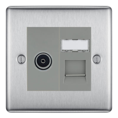 BG Nexus Brushed Steel TV Aerial & RJ45 CAT6 Data Socket - Grey Insert by British General