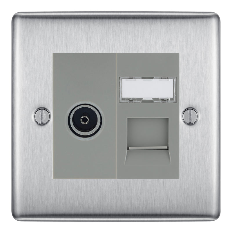 BG Nexus Brushed Steel TV Aerial & RJ45 CAT6 Data Socket - Grey Insert
